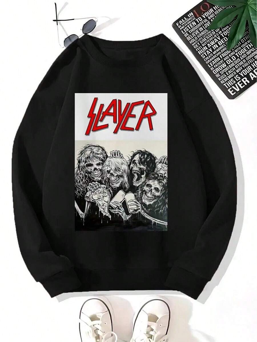SLAYER Five Skulls, Men's Hoodie, Round Neck, Loose Fit, Casual, Autumn-Winter Season, Personality Print, Long Sleeve Fleece-Lined Sweatshirt,Fall Hoodies,Men's Fall Clothes,Street Wear,Halloween,Mens Hoodies,Y2k Clothes,Jesus Hoodie,Thanksgiving Day,Nightmare Before Christmas,Christmas - 黑色 - 查看 1