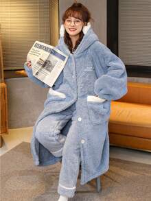 女士舒适鲨鱼主题珊瑚绒睡袍 - 可爱、厚实、温暖的冬季家居服，带口袋，舒适的法兰绒，万圣节和圣诞节必备睡袍，保暖防寒