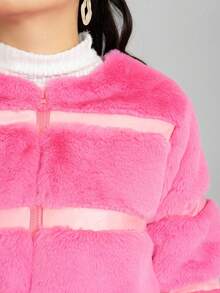 Chamarra corta para mujer de moda, peluche sintetico y vinipiel para uso casual en temporada de invierno - Rosa - Ver 4