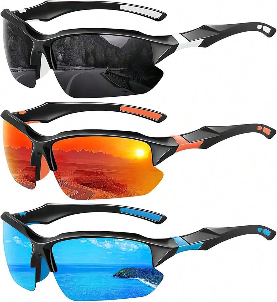 ¡RecomendadoGafas de Sol Deportivas Polarizadas Hombre y Mujer,Gafas Deportivas Ciclismo,Protección UV400,Adecuadas Senderismo,Deportes,Pesca,Ciclismo,Etc¡Top de Temporada - Negro + Naranja + Azul claro - Ver 1