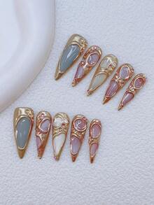 10 件 Y2K Nails 别致杏仁形按压指甲套装 - 手工制作，金色指甲，粉色猫眼和蓝色猫眼，手绘 3D 金色图案设计，闪亮水钻装饰 - 适合女士和女孩，派对、婚礼、日常佩戴、DIY 美甲，美甲套装，包含工具包。哥特式指甲。杏仁色指甲。金色指甲。猫眼色指甲。手工杏仁亚克力按压指甲。假指甲。美甲用品 - 彩色 - 查看 1