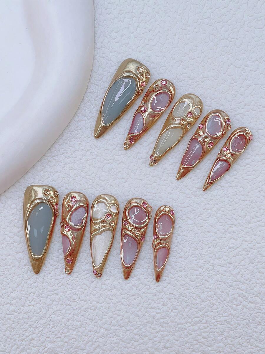 10 件 Y2K Nails 别致杏仁形按压指甲套装 - 手工制作，金色指甲，粉色猫眼和蓝色猫眼，手绘 3D 金色图案设计，闪亮水钻装饰 - 适合女士和女孩，派对、婚礼、日常佩戴、DIY 美甲，美甲套装，包含工具包。哥特式指甲。杏仁色指甲。金色指甲。猫眼色指甲。手工杏仁亚克力按压指甲。假指甲。美甲用品 - 彩色 - 查看 1