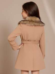 SHEIN Elladie kids 少女毛绒装饰连帽系带大衣（不含毛衣） - 駝色 - 查看 3