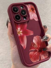 1pc Red Floral Pattern Soft TPU Shockproof Protective Phone Case, Fashion, Full-Body Protection, Compatible With IPhone 17/17 Air/17 Pro/17 Pro Max, 16/16E, 15/15 Pro/15 Pro Max, 14/14 Pro/14 Pro Max, 13/13 Pro/13 Pro Max, 12, 11 - Burgundy - View 2