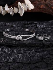 2pcs Luxury Double Circle Zirconia Bracelet & Ring Set