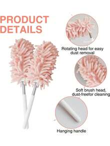 2 Peças Espanador Rosa para Limpeza Interna do Carro, Escova de Detalhamento Retrátil Mini para Entradas de Ar do Carro, Painel, Mesa de Escritório, Janelas, Ferramenta de Limpeza de Móveis
