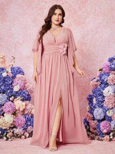 UNITHORSE Robe de soirée/demoiselle d'honneur en mousseline plissée à la taille avec manches en dentelle florale, col en V, ourlet fendu avec fleurs 3D et couleur unie