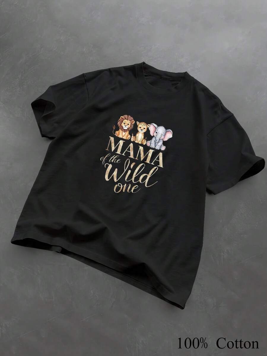 1PC 100% Cotton Mama of The Wild One Lion Leopard Elephant Graphic Print Women's Short Sleeve TShirt - Negro - Ver 1