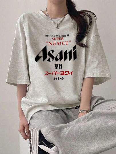 女性の夏新作 グレーのパピープリント ラウンドネック カジュアル ストリート ルーズ 通気性 コットン 半袖Tシャツ