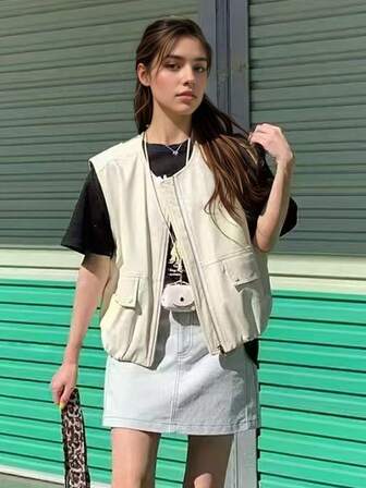 女士纯色前拉链休闲度假仿皮背心