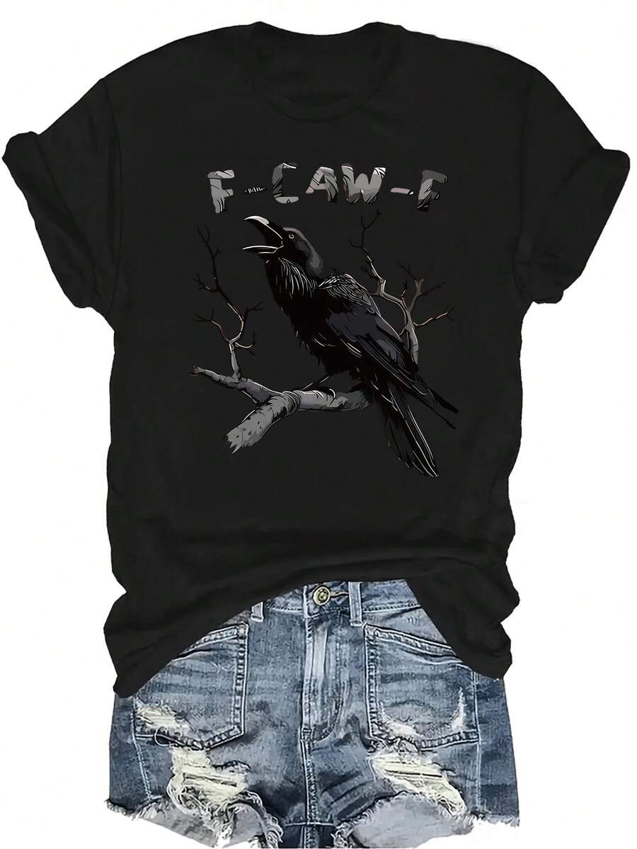 [Camiseta de moda casual] Camiseta suave y cómoda para mujer - Ramas de cuervo arte gótico casual de manga corta cuello redondo, regalo perfecto para la abuela y la mamá, uso casual de primavera y verano - Negro - Ver 1