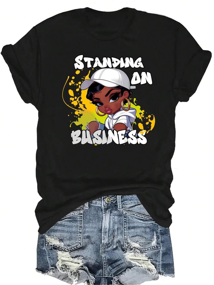 [Camiseta de Moda Casual] Camiseta de Mujer Suave y Cómoda - Gráfico de Mujer de Pie en Negocios Casual de Manga Corta Cuello Redondo, Regalo Perfecto para Abuela y Mamá, Uso Casual de Primavera Verano - Negro - Ver 1