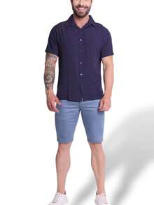 JL KIT 2 Men's Short Sleeve Casual Beach Linen Fashion Shirt - 黑色-海軍藍 - 查看 5
