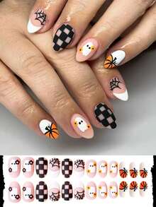 24 Peças Unhas Postiças Amendoada de Halloween, Unhas Pretas Xadrez Teia de Aranha Abóbora Fantasma, Unhas Falsas Adequadas para Uso Diário, Suprimentos de Unhas Postiças