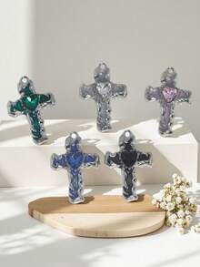 5pcs Alloy Stylish Wing Cross Heart Shaped Rhinestone Pendant, 35*30mm, DIY Phone Chain, Bag, Necklace, Earrings, Keychain, Jewelry Accessory