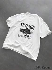 1PC 100% Cotton Vintage Car Graphic Print Short Sleeve Women's TShirt Modern Life Slogan Classic Top Tee - Blanco - Ver 1