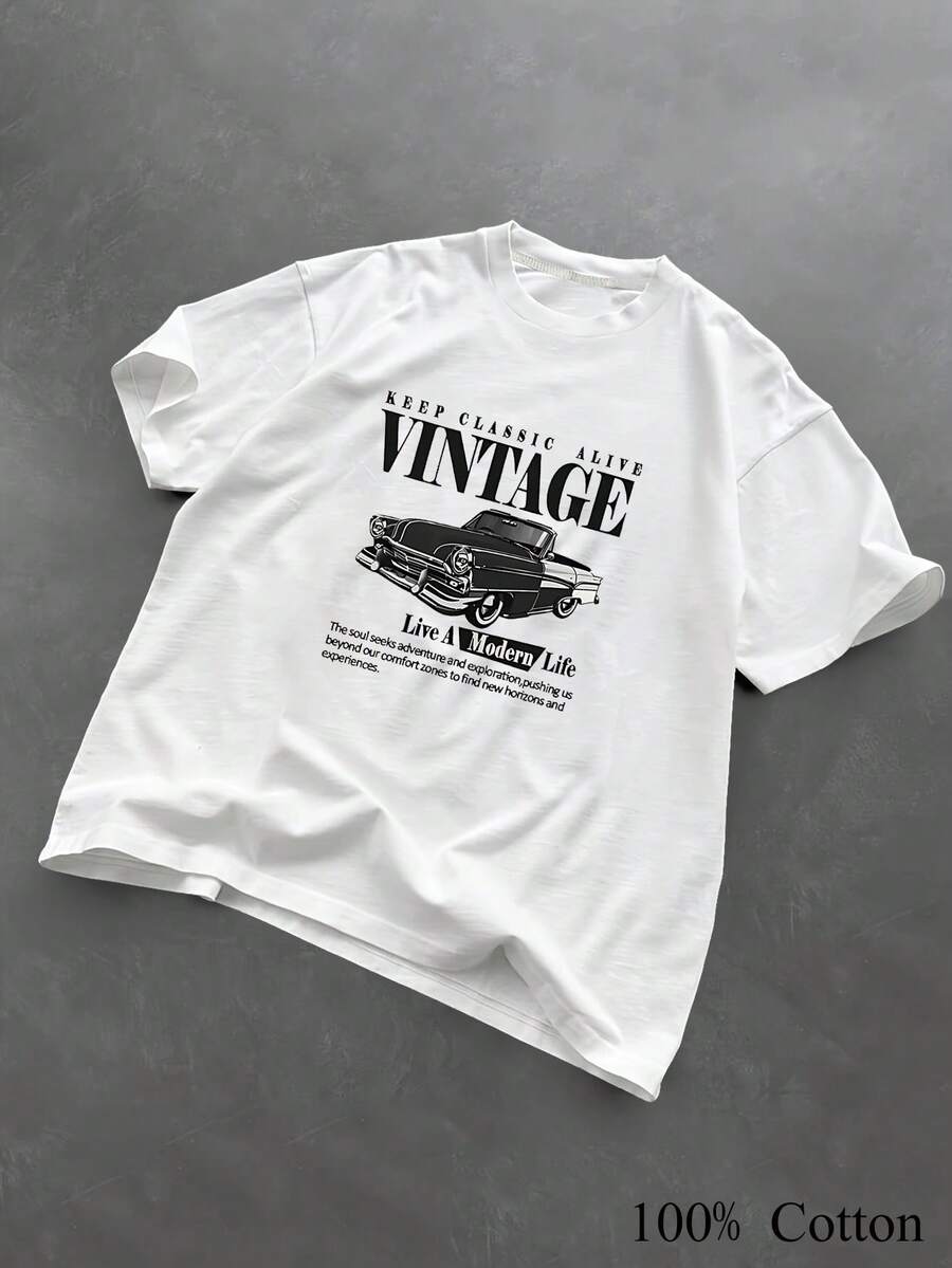 1PC 100% Cotton Vintage Car Graphic Print Short Sleeve Women's TShirt Modern Life Slogan Classic Top Tee - Blanco - Ver 1