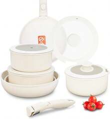 GMK Juego de Ollas y Sartenes de 11 Piezas, Bateria de Cocina Juego de Sartenes Antiadherentes con Mangos Desmontables, Juego de Sartenes Fácil de Limpiar (Crema Blanco 01) - Crema Blanco 01 - Ver 1