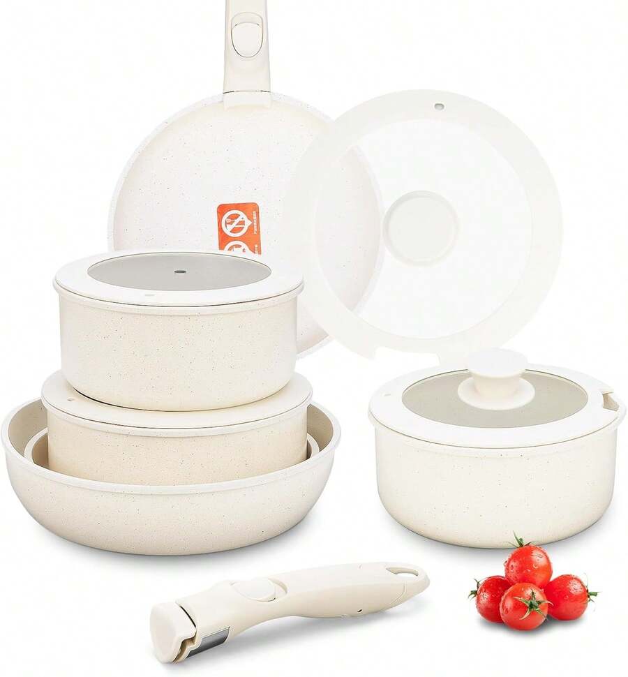 GMK Juego de Ollas y Sartenes de 11 Piezas, Bateria de Cocina Juego de Sartenes Antiadherentes con Mangos Desmontables, Juego de Sartenes Fácil de Limpiar (Crema Blanco 01) - Crema Blanco 01 - Ver 1