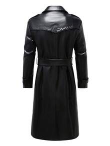 男士 PU 皮革中长款外套，轻便商务腰带风衣 - 黑色 - 查看 3