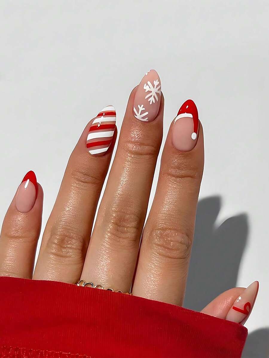 圣诞指甲 24 件圣诞长杏仁假指甲法式红色指甲、白色雪花和红色圣诞帽条纹设计全在指甲上 1 件指甲锉和 1 件指甲胶贴纸套装女孩和女士指甲礼物适合节日派对约会和日常穿着、秋季指甲、按压丙烯酸指甲、按压指甲、按压一个、指甲套装、圣诞节