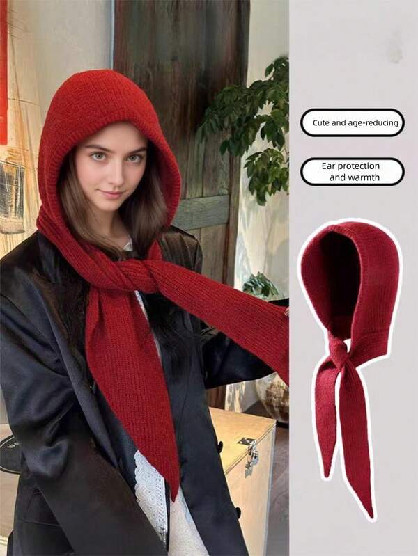 Women's Fashion Versatile Knitted Hat, Autumn/Winter Warm Ear Protection Hat, Knitted Hat, Windproof Ski Beanie With Scarf, Seamless Cap