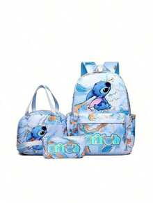 Stitch Series Cartoon Three Pieces Backpack, Waterproof And Dirt Resistant, Cute And Casual, Outdoor Travel Backpack