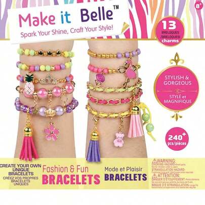 Hasbro Colorful And Glittering Bracelet Make It Belle Sparkle & Violet Bead Craft Kit: 240+Pcs DIY Bracelet Maker With 13 Charms (Crown/Bear/Flamingo) - Jewelry Gift For Girls Age 8+