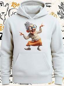 Men's Plus Size Funny Granny Dance Cartoon Print Hoodie - White Oversized Sweatshirt With Iconic Lady Character, Machine Washable Casual Pullover For Halloween Costumes & Christmas Gifts,Fall Hoodies,Men's Fall Clothes,Street Wear,Halloween,Mens Hoodies,Y2k Clothes,Jesus Hoodie,Thanksgiving Day,Nightmare Before Christmas,Christmas - 白色 - 查看 1
