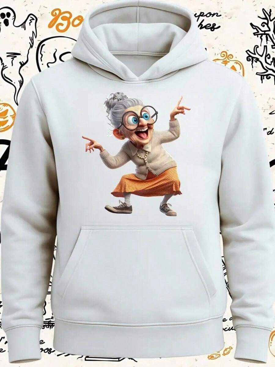 Men's Plus Size Funny Granny Dance Cartoon Print Hoodie - White Oversized Sweatshirt With Iconic Lady Character, Machine Washable Casual Pullover For Halloween Costumes & Christmas Gifts,Fall Hoodies,Men's Fall Clothes,Street Wear,Halloween,Mens Hoodies,Y2k Clothes,Jesus Hoodie,Thanksgiving Day,Nightmare Before Christmas,Christmas - 白色 - 查看 1
