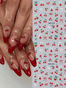 2 peças 5D decorações de unhas cereja borboleta vermelha adesivo de unha cerejas fofas laços brancos para unhas natalinas decalque autoadesivo decoração faça você mesmo unhas press on suprimentos para unhas press on nails
