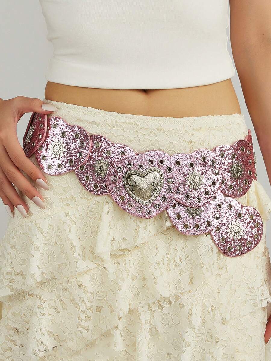 1pc Boho Y2K Shiny Waist Belt, Silver Rivet & Pink Heart Patchwork Belt, Suitable For Jeans, Dresses, Parties, Festivals, Halloween, Christmas