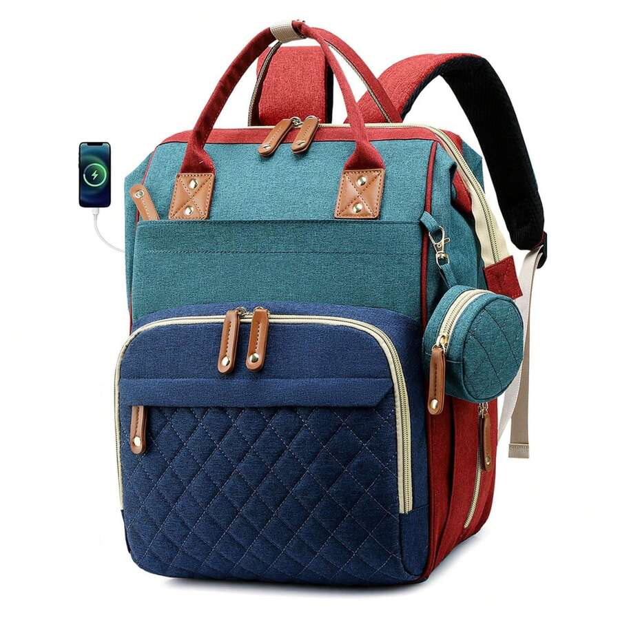 Diaper Bag Backpack, Baby Bag, New Mom Gifts, Lightweight Waterproof Unisex Diaper Bag With Insulated Pockets And USB Charging Port, Cyan ﻿ - xanh lam, xanh lục và đỏ - Xem 1