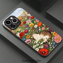 Cat And Butterfly In Flower Field 2D Pattern Glass Phone Case For IPhone Air 17 16 Pro Max 15 14 PLUS 13 12 11  Galaxy S25 S24 S23 S22 Ultra FE ,Full Body Protections Shockproof Cover Creativity Fashion - Black - View 7