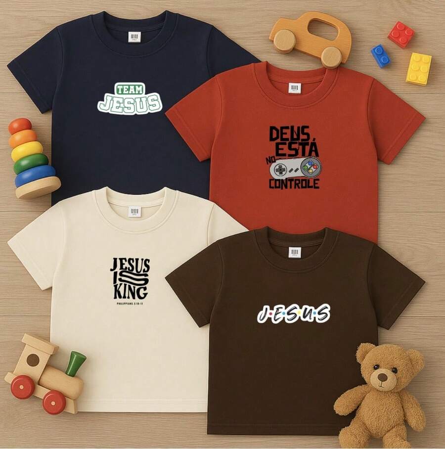 Kit 3 Children's Christian Jesus T-Shirt, Premium Cotton, 3 - Multicolor - View 1