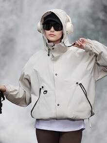 Women's Hooded Windbreaker Jacket, Wind-Resistant And Warm, Multiple Zipper Pockets, Casual And Comfortable, Suitable For Hiking And Trekking,Fleece