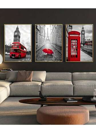 3pcs London Landscape Poster Hanging Painting, Modern European Architectural Decorative Painting, Living Room Sofa Background Wall Decor, Unframed