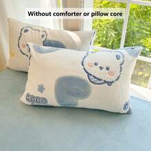 3 件套加厚保暖双面羊毛床上用品套装 - 绿心 + 卡通熊印花图案 | 1 件羽绒被套，2 件枕套，不含被子或枕头 | 舒适温暖透气，冬季必备床上用品 - 藍色小熊 - 查看 7