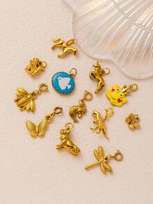 1件金色时尚不锈钢蘑菇心形网球十字羽毛锆石吊坠，18k镀金，适用于DIY珠宝、项链、手链配件、耳环、钥匙扣、包包配件、女士珠宝配件、钱包配件、吊坠、DIY配件、女士珠宝礼物，适合作为送给妻子、母亲和女朋友的个性化吊坠。 - 金色 - 查看 6