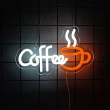 咖啡霓虹灯、咖啡杯 LED 标志、悬挂咖啡吧商业墙艺术标志霓虹灯、USB 供电明亮咖啡标志，适用于咖啡吧配件、咖啡馆、咖啡角、餐厅、节日、生日派对、家居装饰，易于安装。 - 多色光 - 查看 16