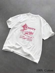 1PC 100% Cotton Vicinity Hidden Hills Print Women's Short Sleeve TShirt, Graphic Tee, Casual Top, Fashionable Outfit - Blanco - Ver 1