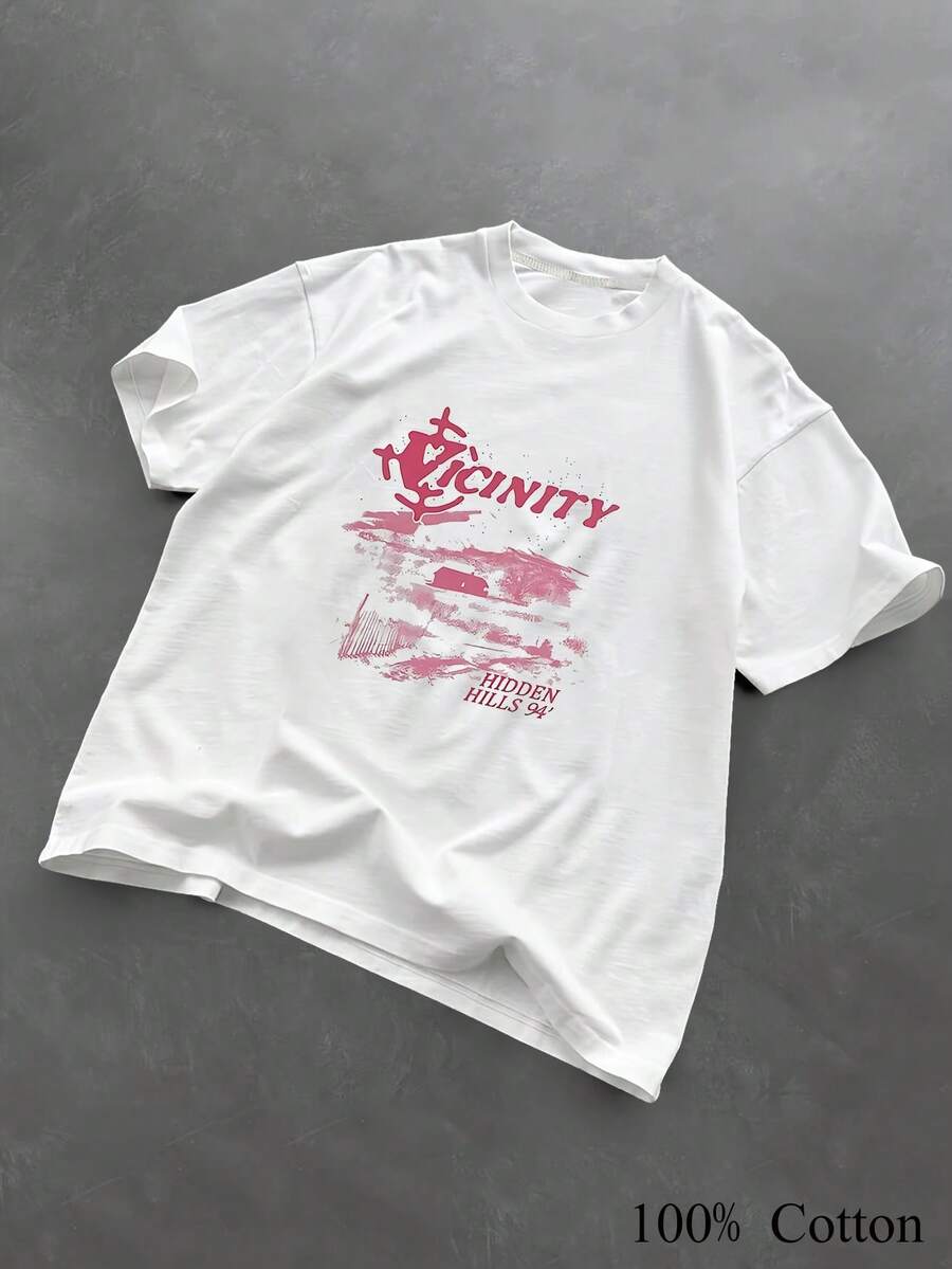 1PC 100% Cotton Vicinity Hidden Hills Print Women's Short Sleeve TShirt, Graphic Tee, Casual Top, Fashionable Outfit - Blanco - Ver 1