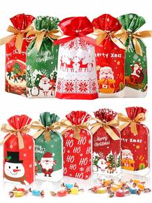 25 pièces Sacs cadeaux de fête de Noël, sacs à friandises de Noël, sacs cadeaux en plastique avec cordon coulissant, sacs à friandises de Joyeux Noël, pour fournitures d'emballage cadeaux de fête de Noël (9*6 pouces)