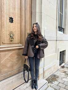 Women's Lapel Loose Casual Jacket, Pockets, Fashion Daily Wear Solid Color Double-Breasted Coat, Suitable For Autumn/Winter - Brown - View 5