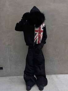 Fur Collar Print Zipper Sweater Long Sleeve Pullover Hoodie Retro Jacket Street Y2k - 黑色 - 查看 2