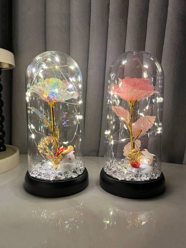 1 pezzo Rosa LED in cupola di plastica, fiore artificiale decorativo con luce calda, decorazione per la casa Maneki-Neko (Gatto Fortunato), regalo perfetto per San Valentino, Natale, Capodanno, Festa della Mamma, compleanni, anniversari e matrimoni! (Gatto casuale)