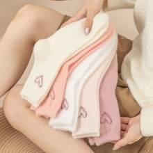 5 双秋冬女士心形刺绣貂皮毛绒袜子，加厚毛绒可爱睡眠/舞蹈中筒袜