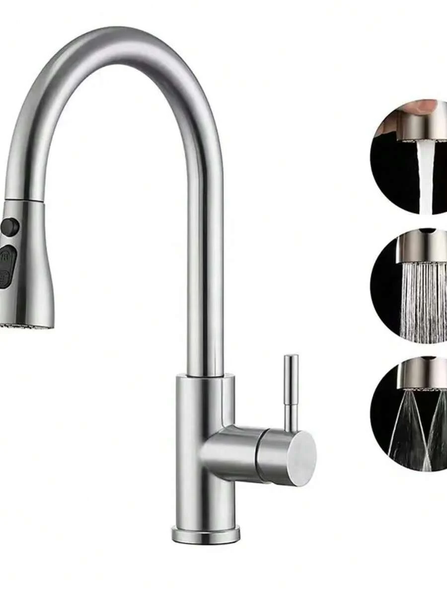 Kitchen Sink Tap, Mixer Tap With Pull-Out, 4 Modes, 360° Rotation, Flexible, High Arc, High Pressure, 1 Hole, G3/8, Single Handle Stainless Steel Taps, Nickel