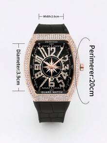 1 件男士奢华星空桶形手表，配硅胶表带 - 黑金色 - 查看 5