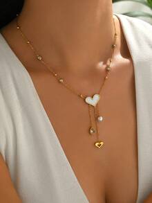 1件女士18K镀金不锈钢心形珍珠水滴形锆石贝壳时尚首饰 - 金色 - 查看 3